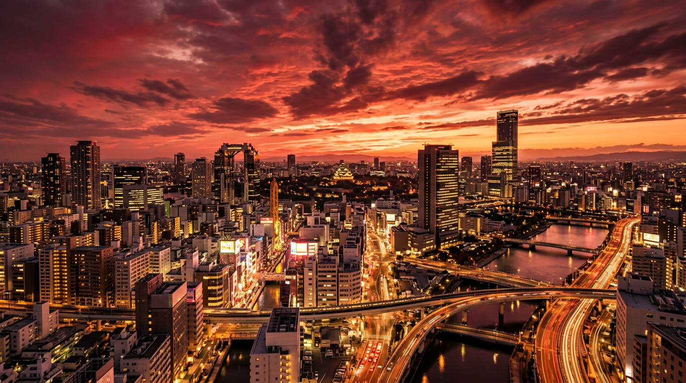 夕暮れの大阪の街並み